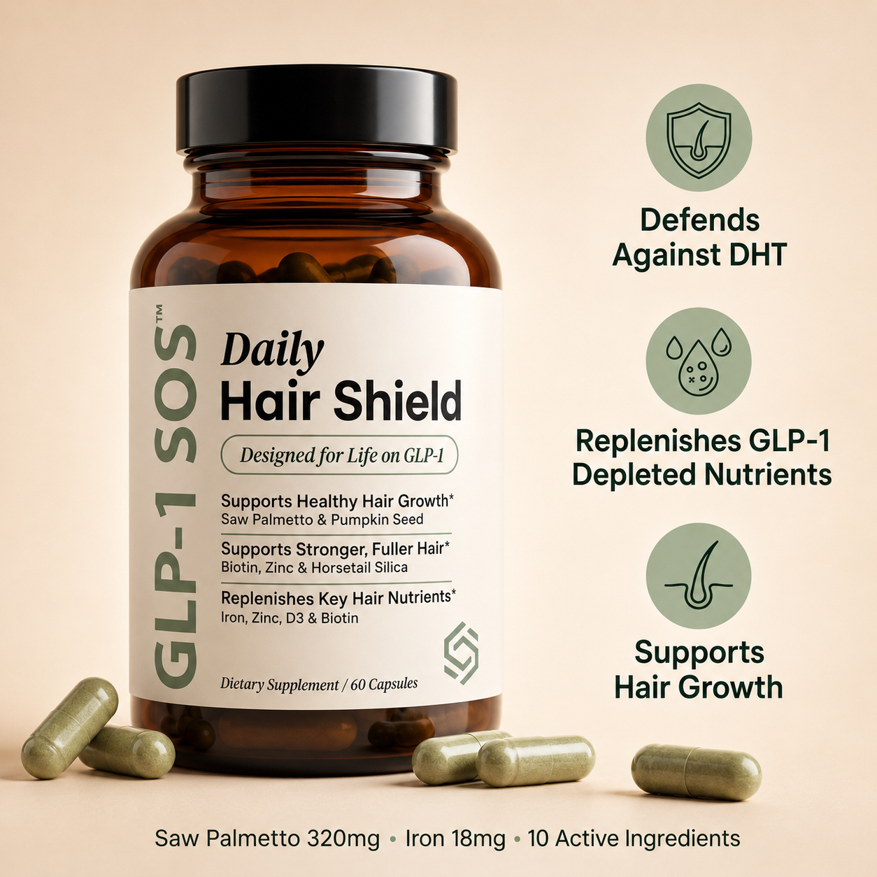 GLP-1 SOS™ Hair Shield — Keep the Weight Loss AND Your Hair | 3-in-1 Nutritional Hair Support